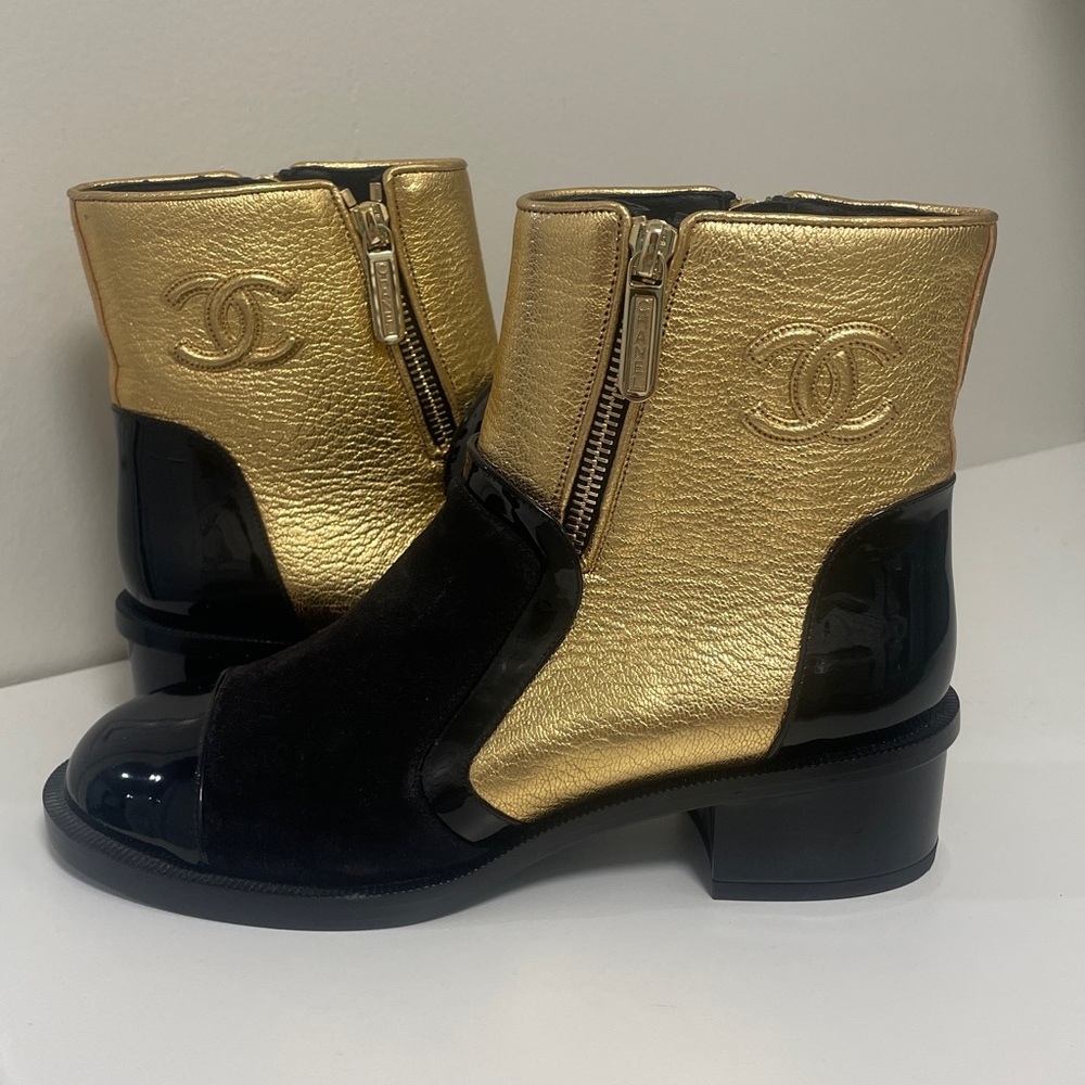 Chanel Gold and Black Ankle Boots with Block Heel